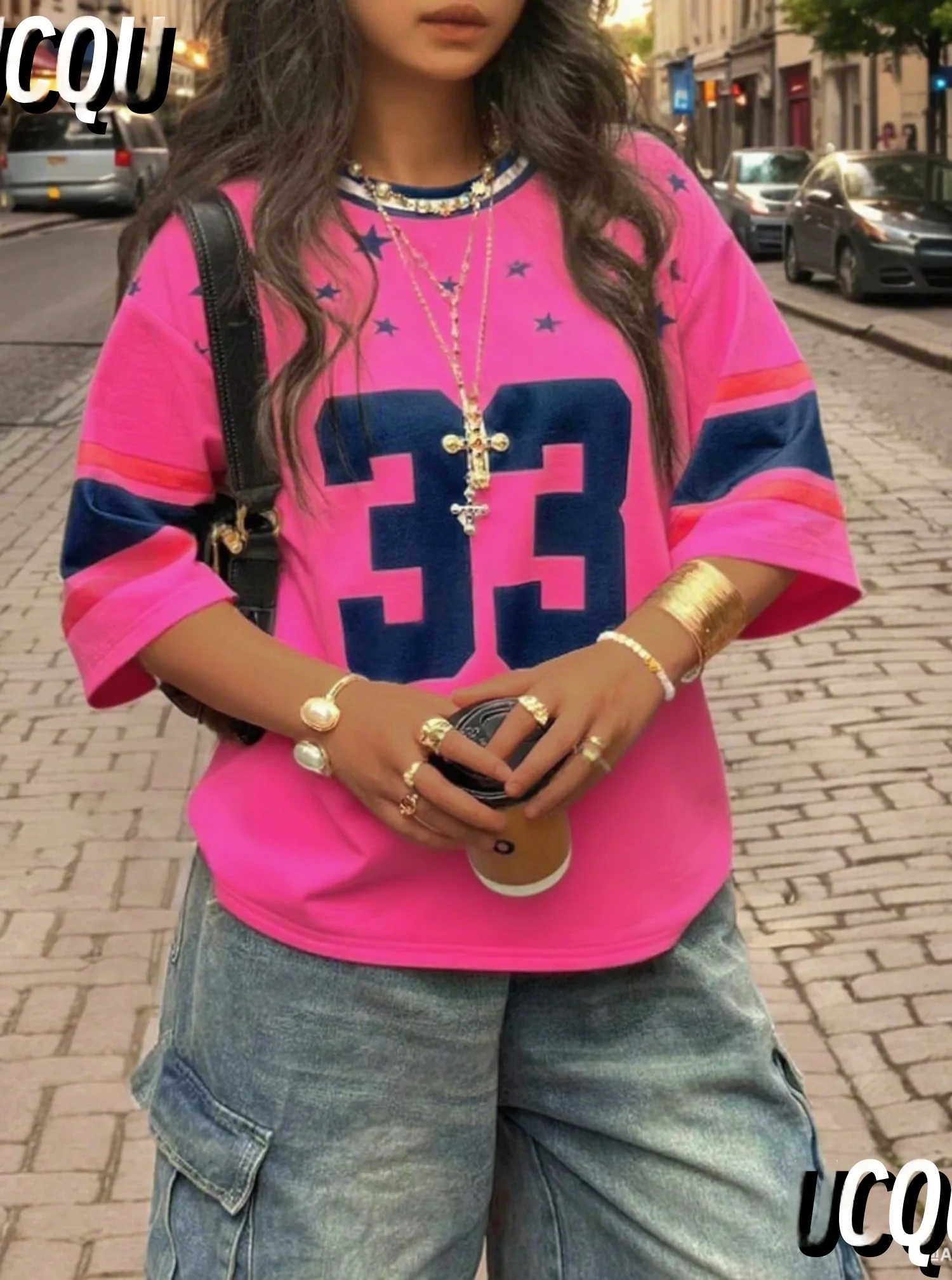 موضة عادية رقم 33 طباعة س الرقبة المرأة تي شيرتات قصيرة الاكمام الصيف عطلة تي شيرت البيسبول الفانيلة شريط المتضخم تي شيرت رياضي #2