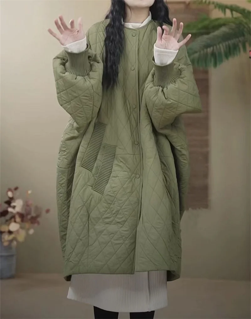 Oversized Diamond Plaid Down Cotton Jacket 2025 European Women Coat Long Lightweight Cotton Jacket Winter Parka New Coat Female