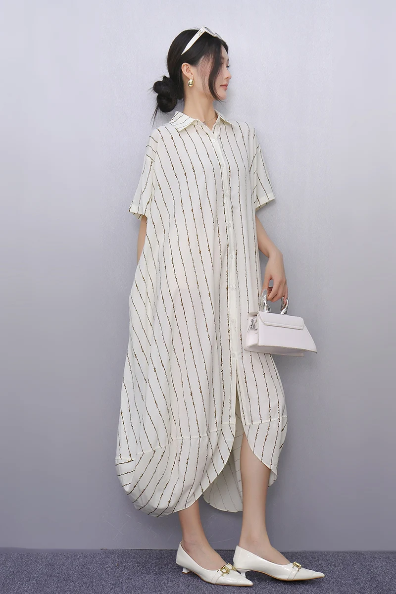 2025 Primavera Estate New Fashion Camicie larghe a righe Abiti lunghi Donna Elegante abito a maniche corte Donna all'ingrosso J945