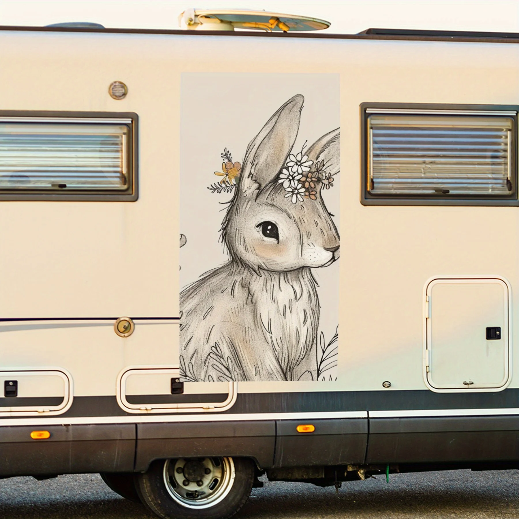 

Cute Bunny With Flower Crown Motorhome Car Door Sticker PVC Self Waterproof Stick, Striking Auto Exterior Accessories Decor Prot
