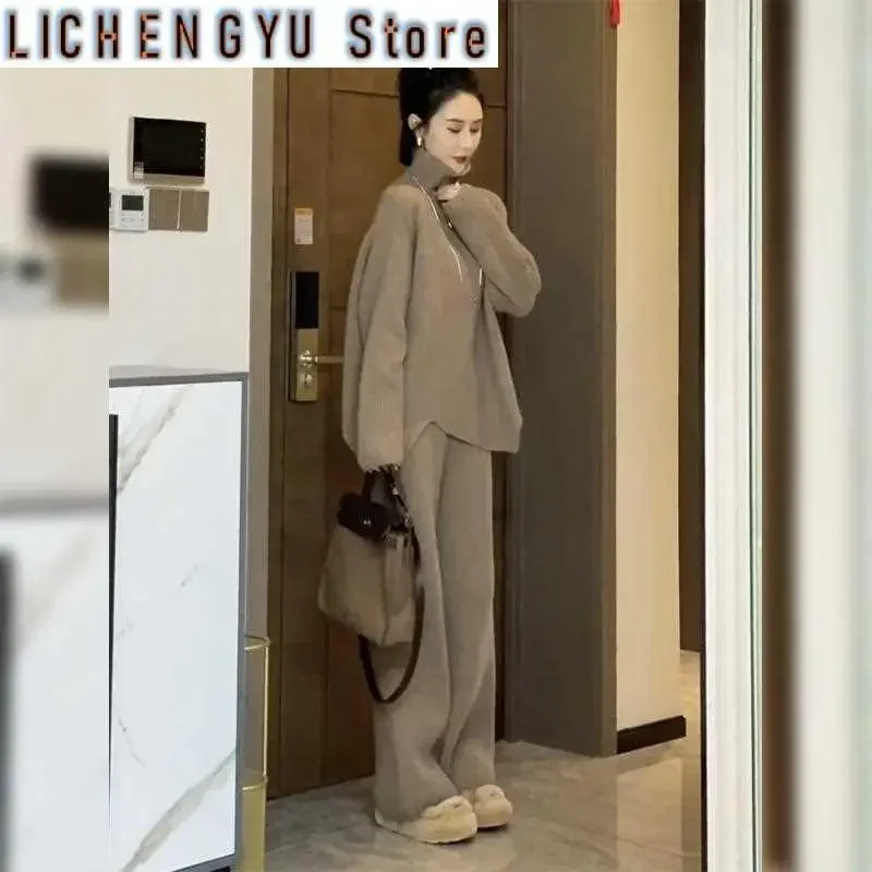Purple Turtleneck Knitted Suit Women Thickened Fashion High-grade Sweater Wide Leg Pants Two-piece Set of Tide