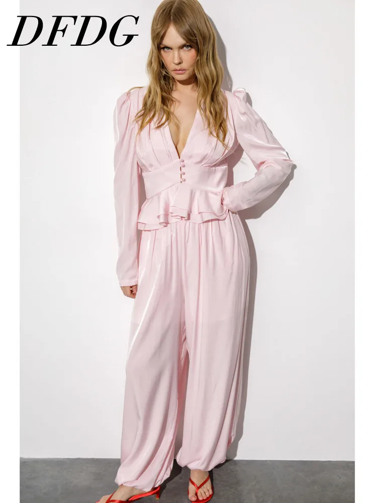 

DFDG Women 2026 Spring Summer Two Piece V Neck Puff Sleeve Ruched Waist Blouse High Waist Wide Leg Pants Elegant Casual Set
