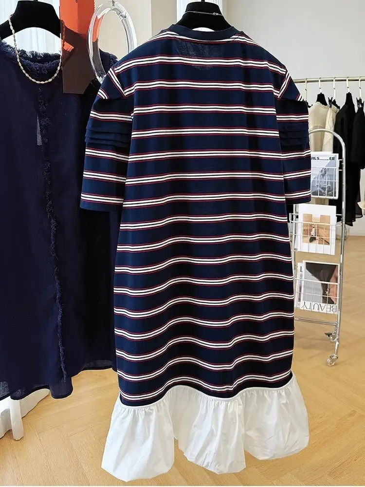 Sommer Damenmode Kurzarm T-Shirt Kleid Lässig Lose O-Ausschnitt Kleid Retro Gestreiftes Kleid