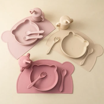 5pcs Baby Silicone Tableware Waterproof Placemat Soft Spoon Fork Suction Baby Dishes Sippy Cup Feeding Training Baby Dinner Set