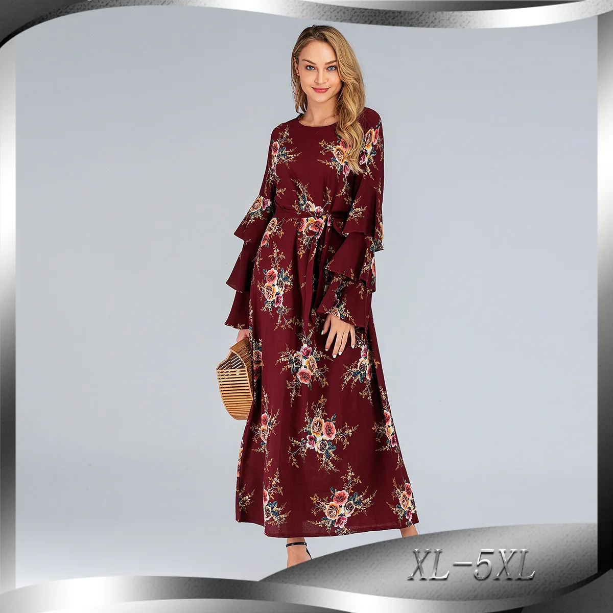 

Large Fashion Loose Petal Sleeve Long Skirt Round Neck Printed Dress 9071 Robe Abaya Ramadan Dubai Luxury Islam Elegant