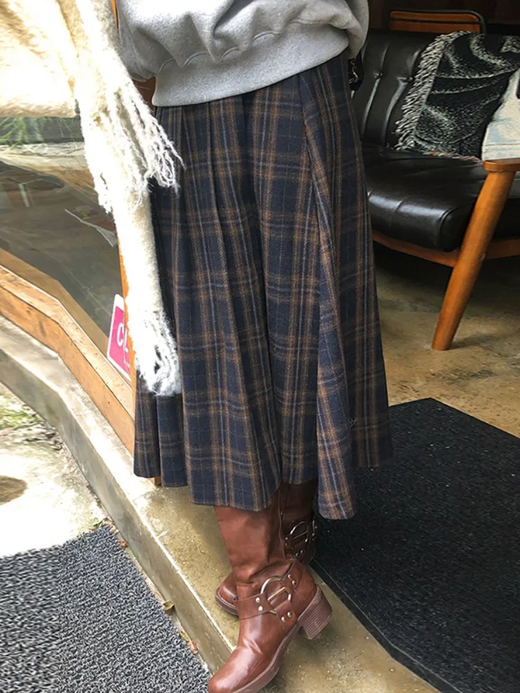 ZHISILAO New Plaid A-line Long Skirt Women Vintage Lattice High Waist Skirts Autumn Winter 2024