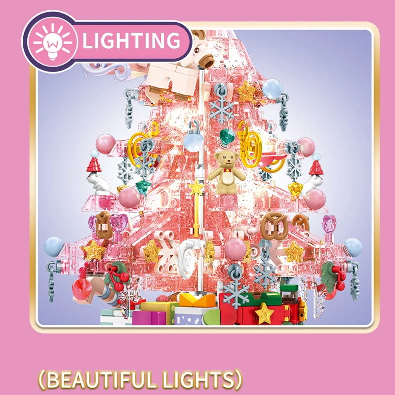 SEMBO BLOCK Valentine's Day Romantic Blocks Music Box Light Pink Tree Anime Model Stranger Things Christmas Gifts Kids Toys