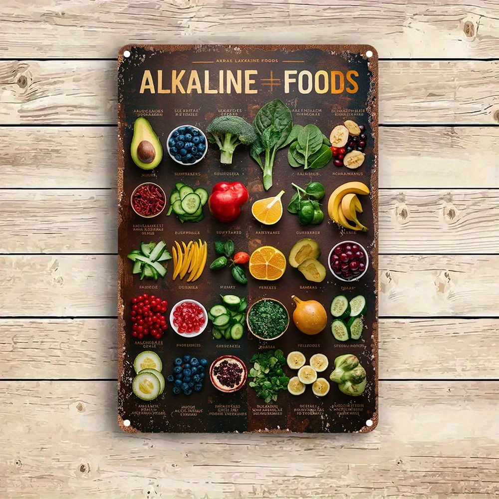 2D Metal Sign - Retro Aluminum Wall Art Alkaline Food Chart 8x12 Inch, Vintage Kitchen Decor for Home Cafe Restaurant Indoor Out