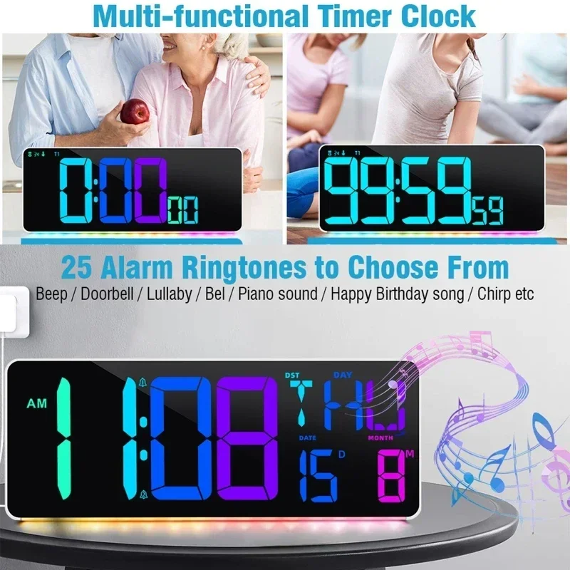 

Wall Clock Large Temperature Display Date Week Atmosphere Light RGB Changing Electronic Clock Modern Remote Control Digital