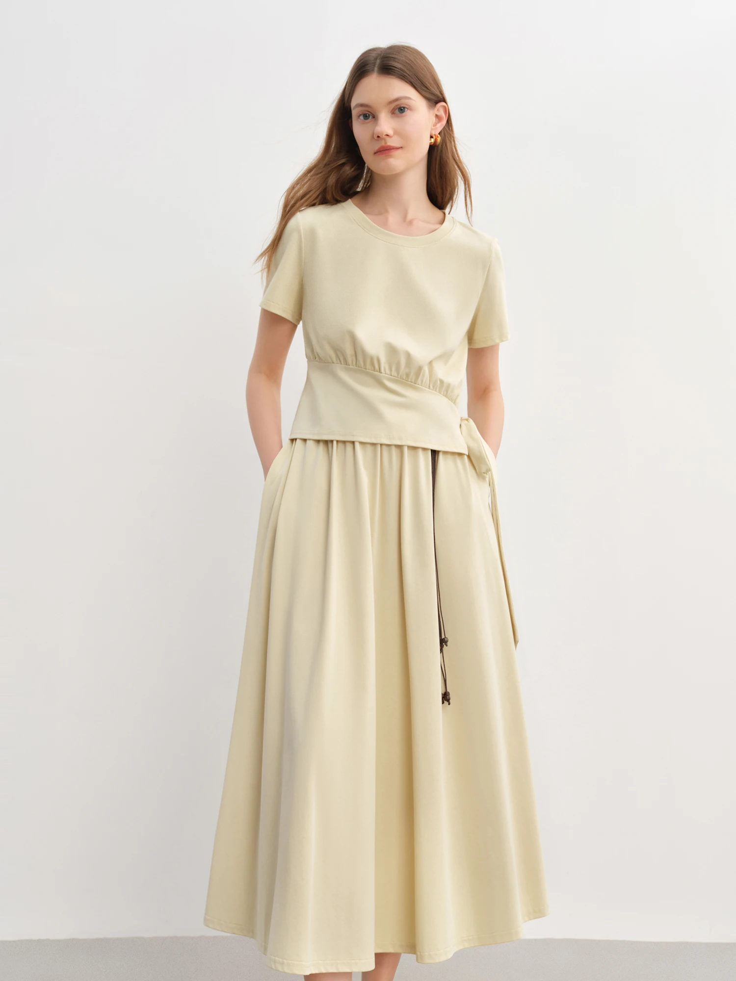 DUSHU 2025 Summer Women's Side Tie Knit Set - Relaxed Short Sleeve Top & Flowy Skirt for Youthful Style
