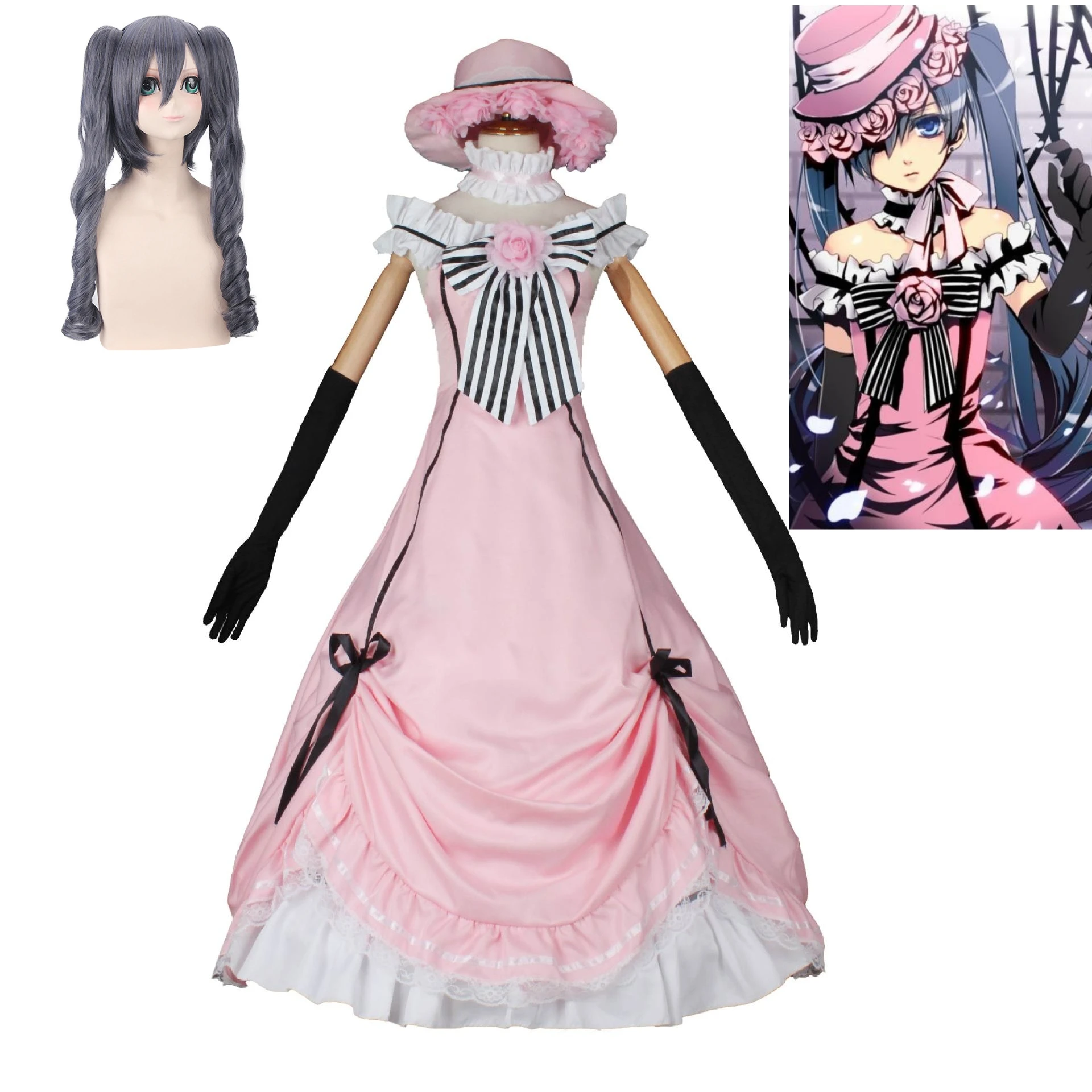 

Anime Black Butler Ciel Phantomhive Robin Cosplay Costume Women Men Halloween Role Play Pink Dress Hat Long Hair Wig Full Suit