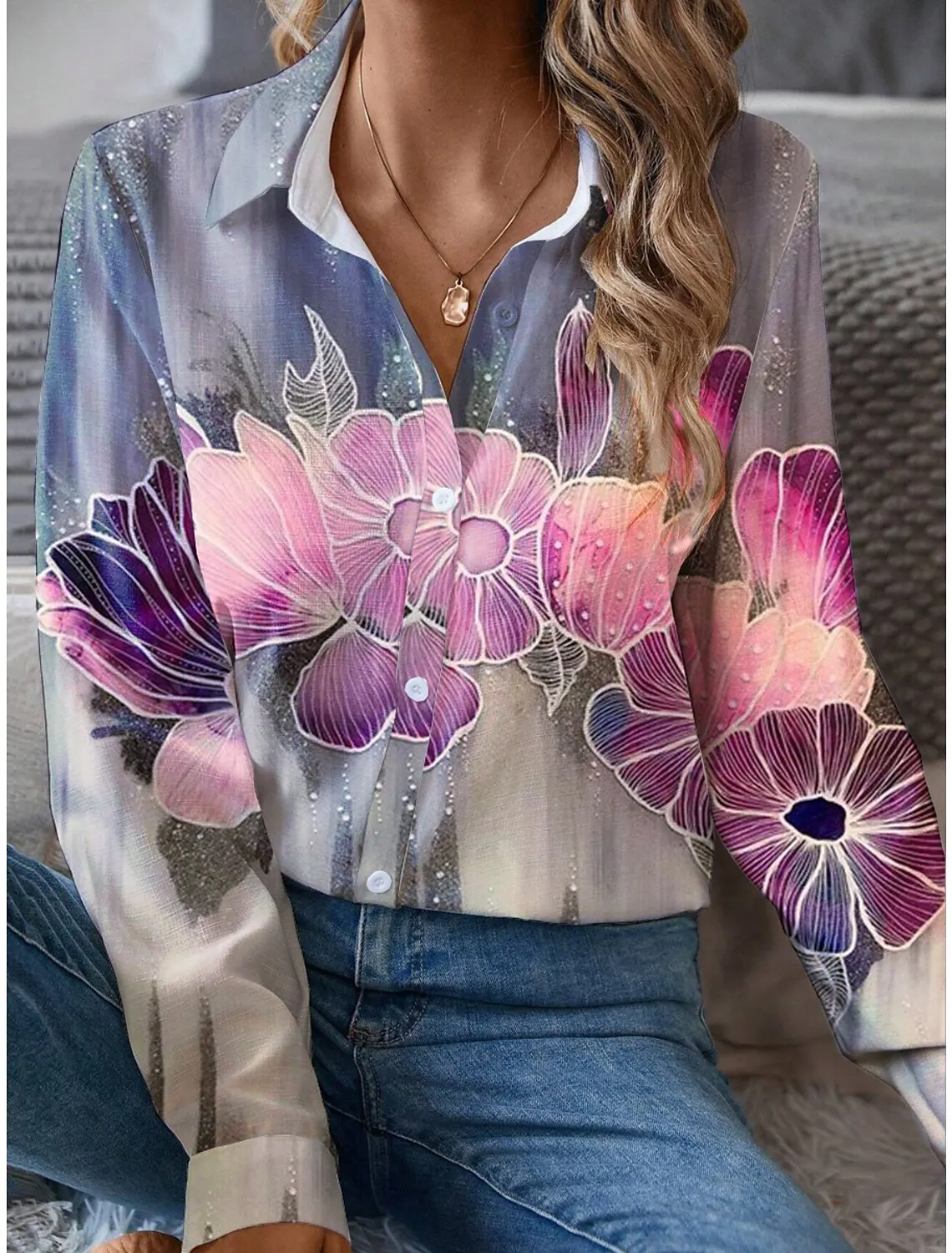 2024 Fashion Trend New T Shirt Flower Pattern Printed Women\'s Long Sleeve Shirt Casual Harajuku Lapel Women\'s Clothing Tops