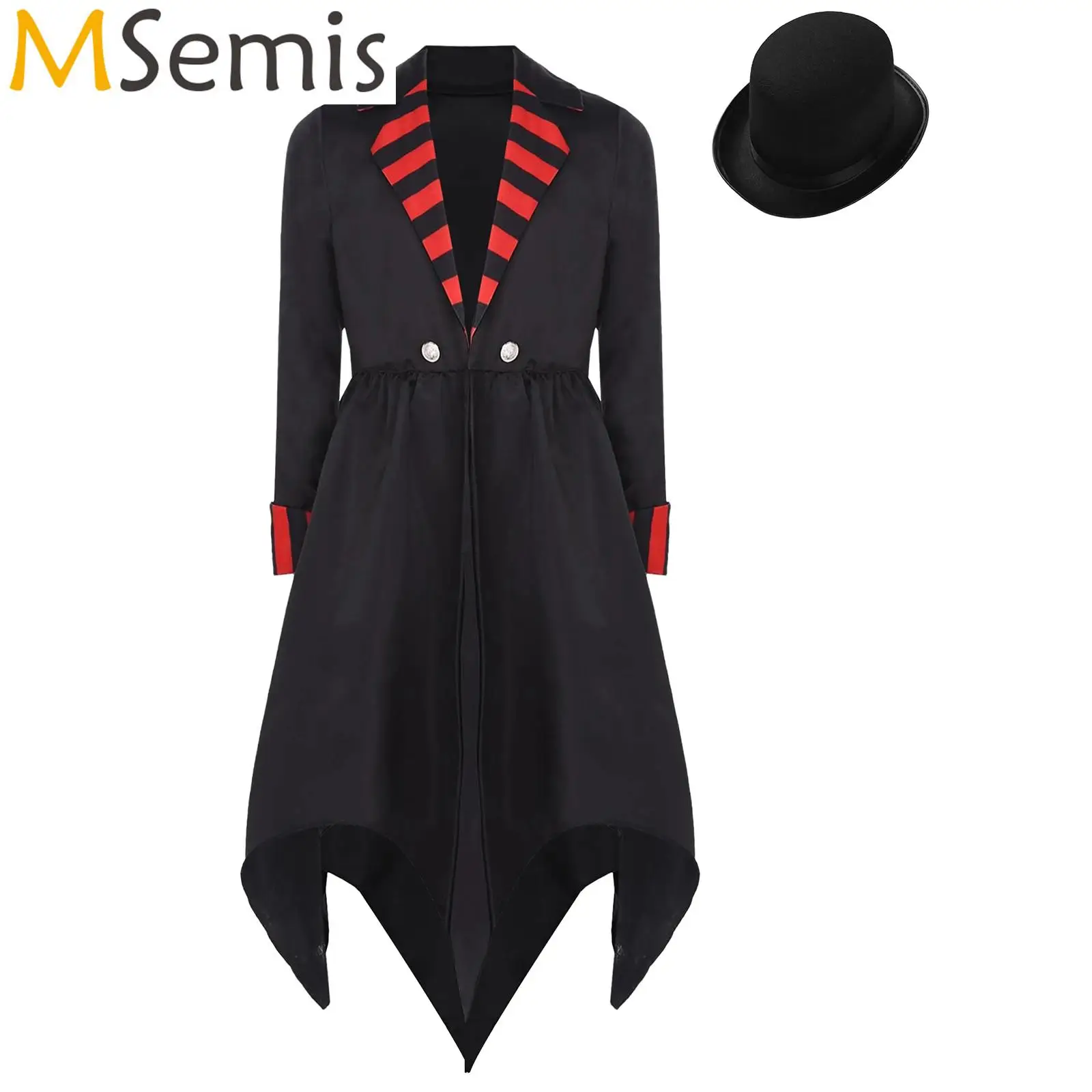 

Girls Gothic Vampire Witch Carnival Cosplay Costume Halloween Devil Ghost Dress Up Outfits Vintage Coat with Felt Top Hat