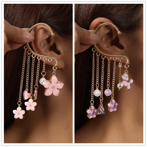 Aihua New Pearl Sakura Flower Clip Earrings For Women Long Tassel Non-Piercing Ear Clips Fake Cartilage Earrings Jewelry Gifts
