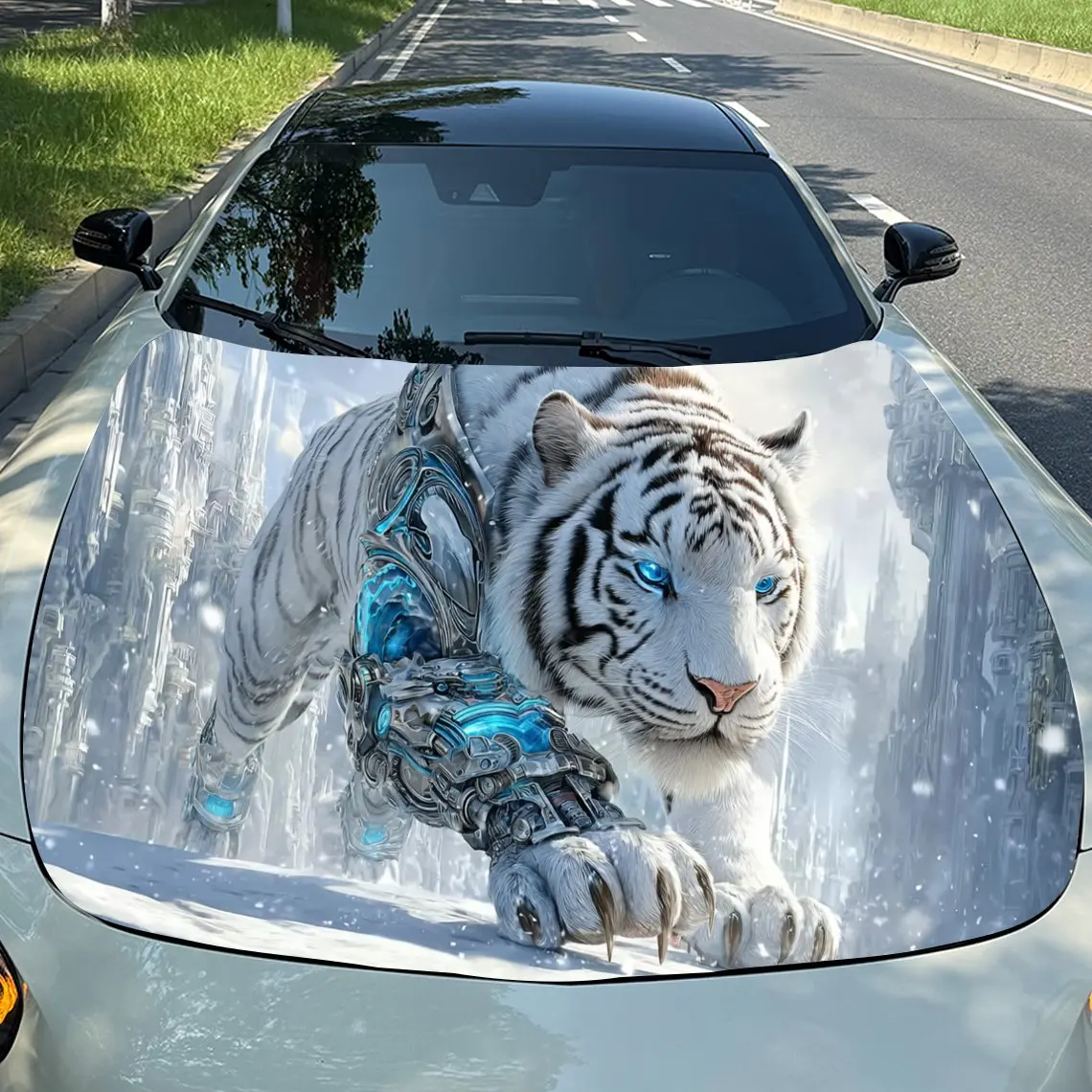 Cyber Style Icy Mechanic White Tiger Car Vinyl Wrap, PVC Material Waterproof Car Hood Sticker, Self-Adhesive Scratch-Resistant S