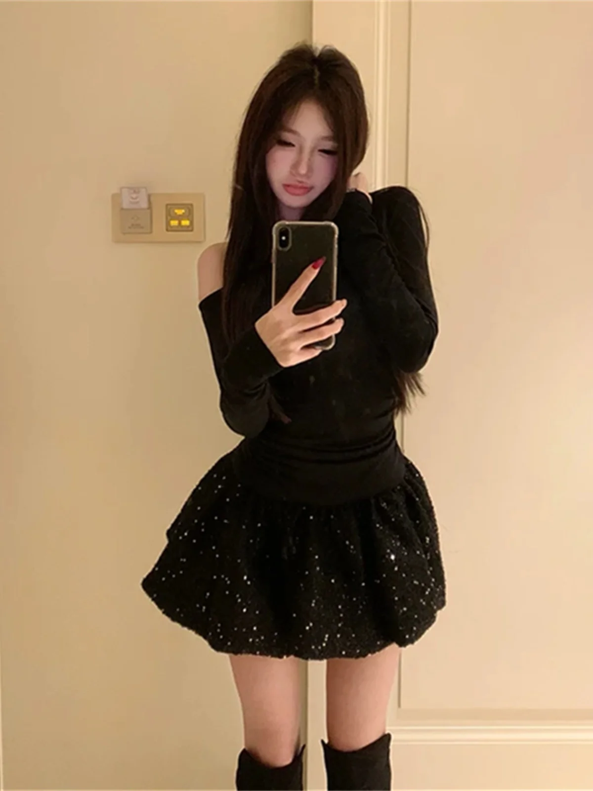 Vestidos de manga comprida feminino borgonha outono inverno lã fuzzy laço em camadas retalhos cintura apertada ajuste regular estilo academia