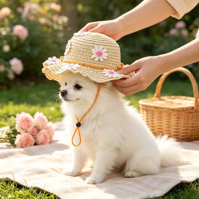 2026 New Flower Lace Trim Breathable Straw Sun Hat with Adjustable Chin Strap for Cat Kitten Puppy Beach Photo Prop Decor