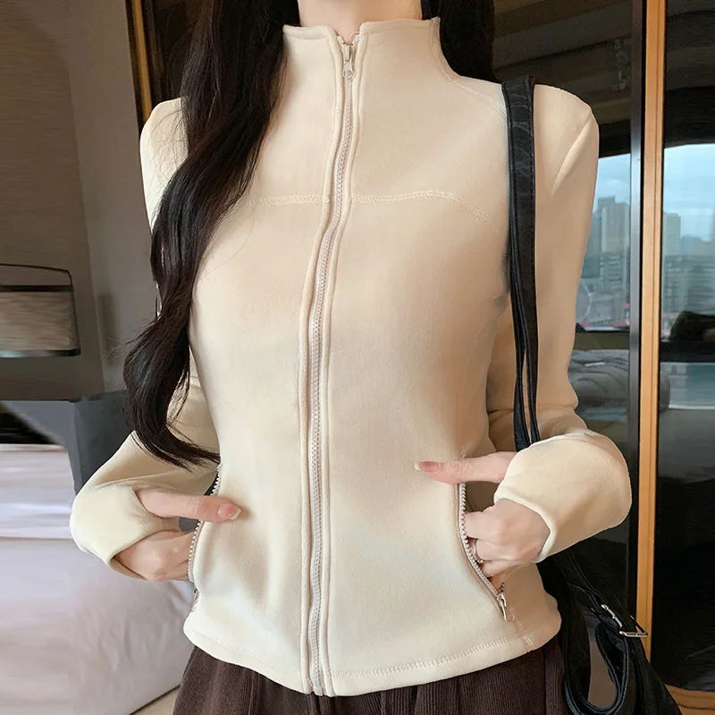 Women's Double-Sided Fleece Zip-Up Stand-Up Collar Cardigan Autumn Winter Warm Long-Sleeve Sweatshirt Loose-Fitting Casual Soft.