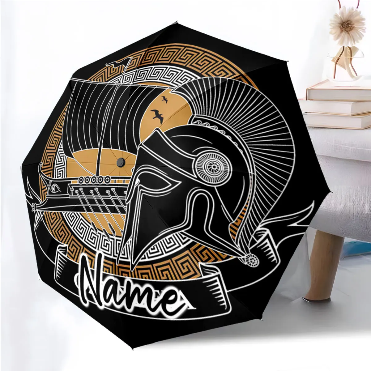 Custom Name Umbrella Ancient Warrior Design Umbrella Print 8 Iron Ribs Folding Umbrella Auto-Open Fashion Sunshade