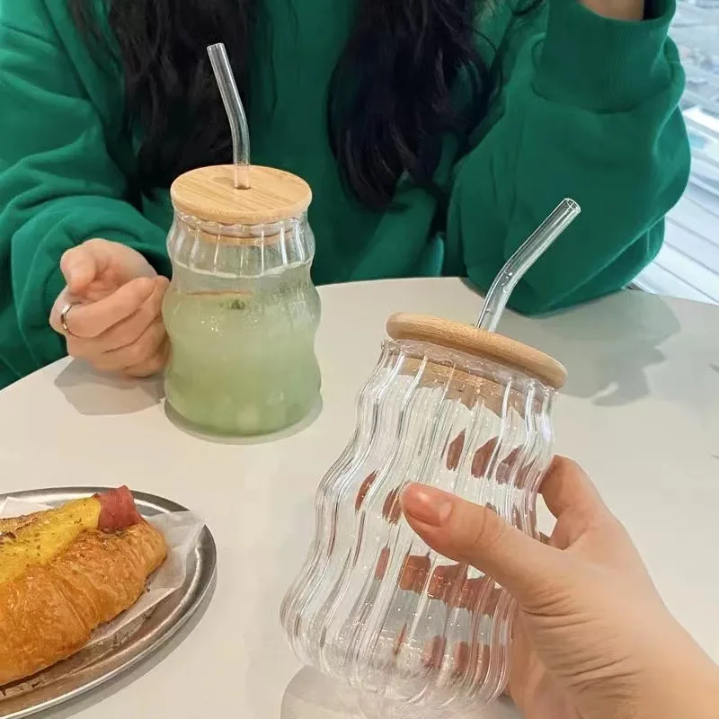 1Pc Textured Glass Bamboo Lid Tumbler - Leak-Proof Straw Cup for Coffee, Milk & Bubble Tea Eco-Friendly Single Wall Glass Design