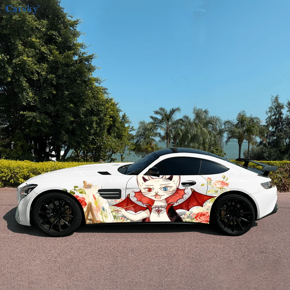 

Картина с изображением кота-вампира, роза, автомобильные виниловые обертывания, самоклеящаяся наклейка из ПВХ, подходит для грузовиков, внедорожников, Декор, автоаксессуары, подарок