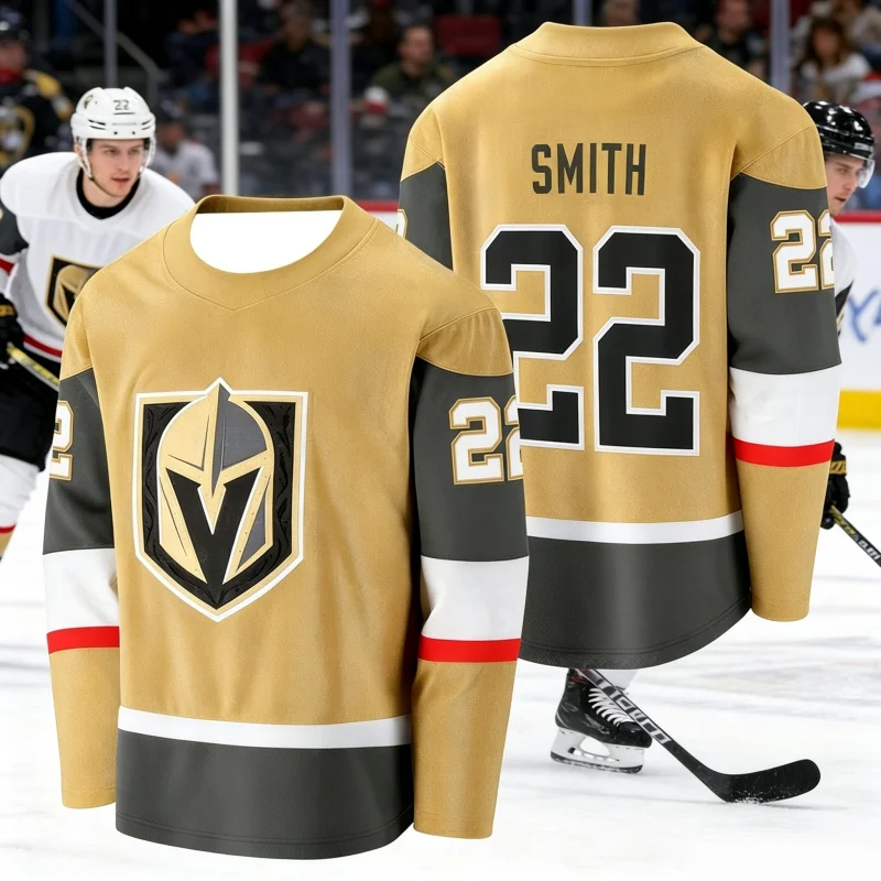 Gold Black Ice Hockey Jersey Long Sleeve Shirt Player Name Number 3D Print Sports Grey White Red Stripes Casual Family Kids Tees