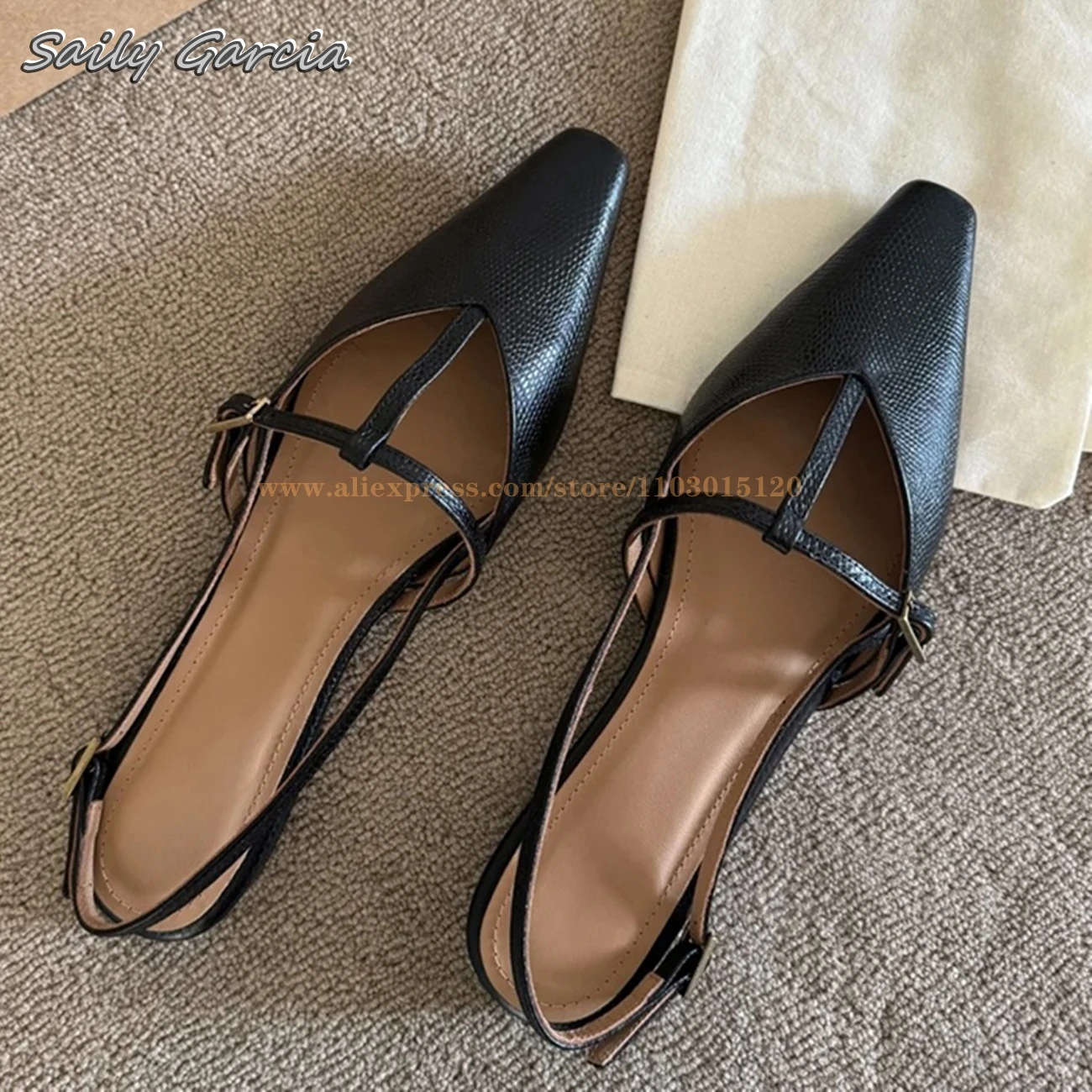 

Genuine Leather Belt Buckle Strap Casual Flats 2024 Summer New All-Match Sexy Shallow Sandals Pointed Toe Back Strap Retro Flats