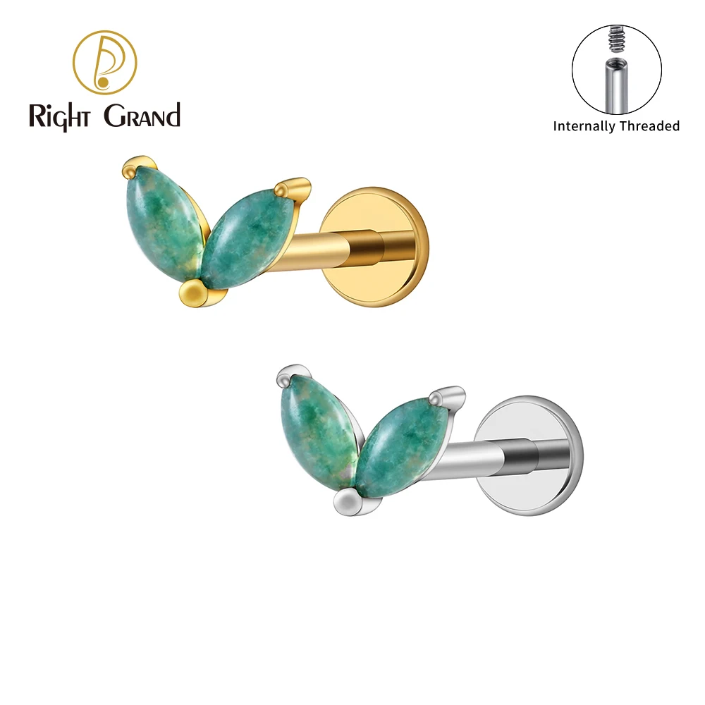 Right Grand ASTM F136 Titanium 16G Double Marquise Moss Agate Cartilage Flat Back Labret Earring Tragus Helix Stud Nose Piercing