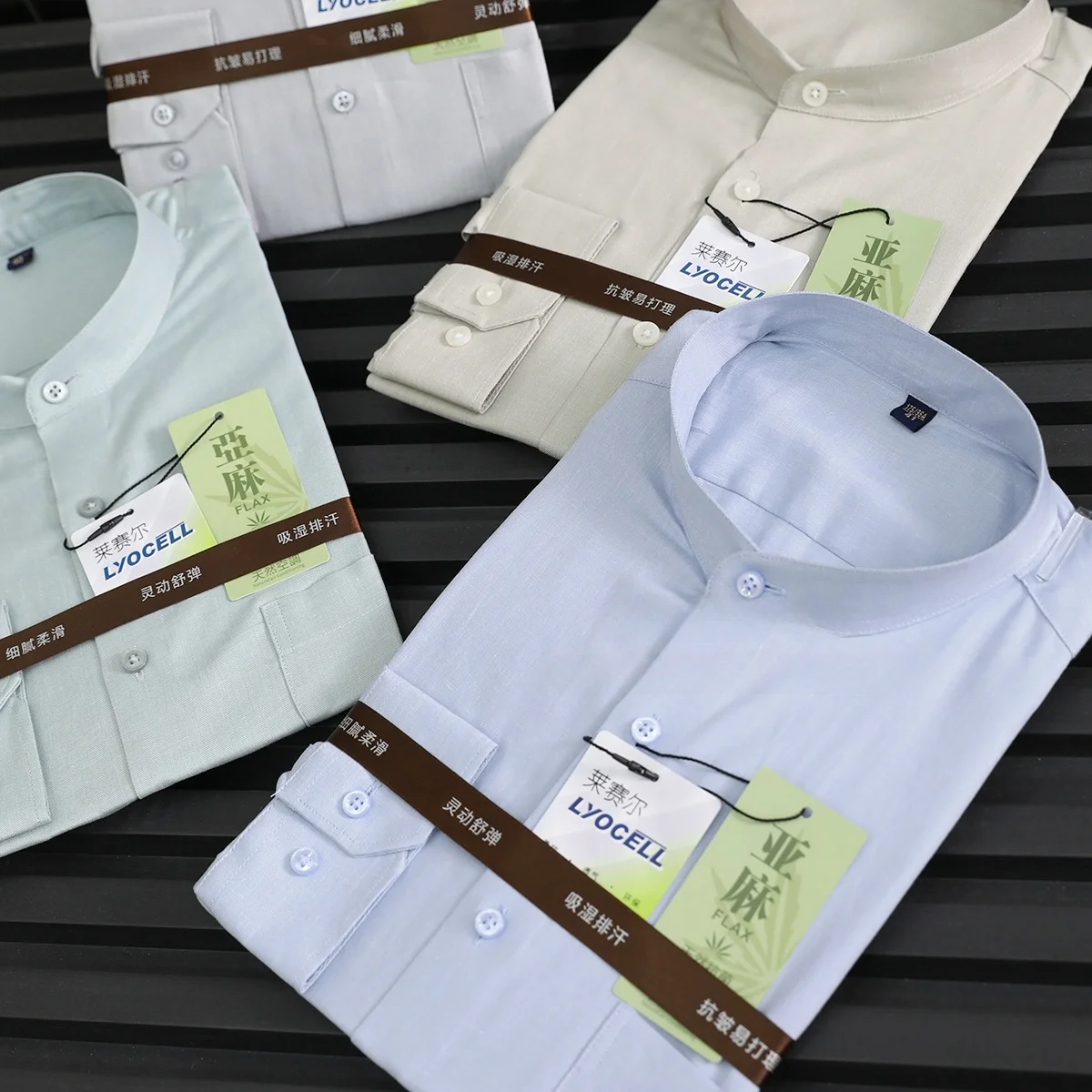 

Men's Busin Casual irt Stand Fit Long Sve Silk Linen Fabric Smooth Silky Stand Collar Color Spring Autumn Wear
