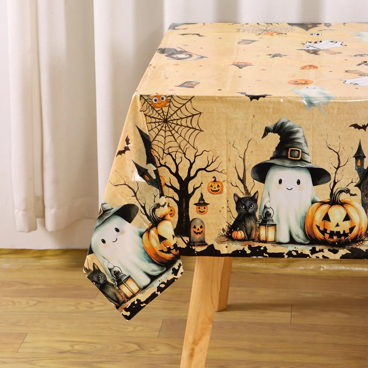 1 Stück Halloween-Tischdecke mit Gruseligen Geistermotiven, Einweg-Plastiktischdecke, Gruselige Spukhaus-Halloween-Tischdekoration – Detail 5