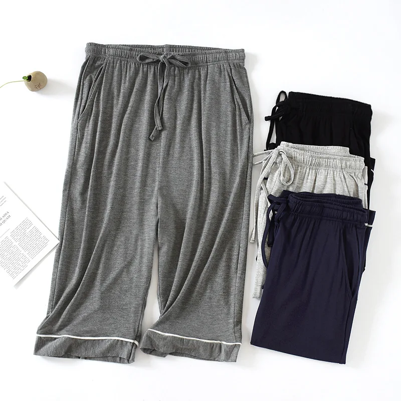 Elastic Waist Sleep Pant Pajamas Men Solid Color Nightwear Modal Cropped Pants Summer Homewear Home Clothing shorts