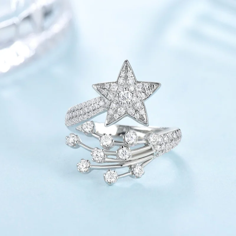MINWEEN Star Full Pave Moissanite Ring S925 Sterling Silver Open Ring Niche Comet Women Jewelry