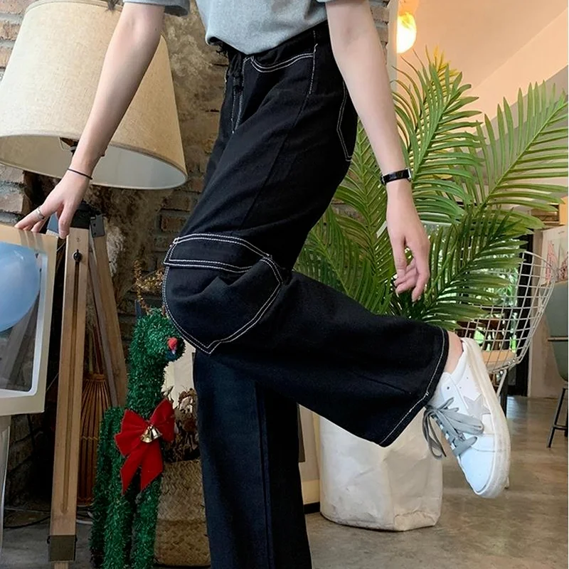 

Elastic Waist Jeans Women Popular Thicker Warm Trendy Street Baggy Wide Leg Denim Trouser Boyfriend Aesthetic Pockets Design Ins