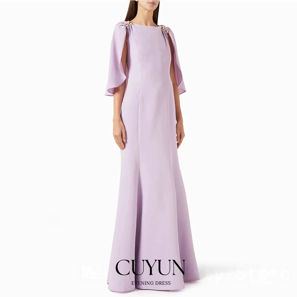 CUYUN personnalisé élégant col rond robe de soirée femmes longueur de plancher robe de bal manches cape robe de soirée formelle lilas robe saoudienne