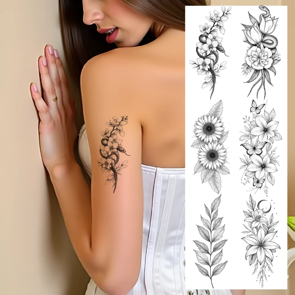 

9pcs Temporary Tattoo Flowers Waterproof Long-lasting Body Stickers Roses Lilies Temporary Tattoo Stickers Daisies For Arms