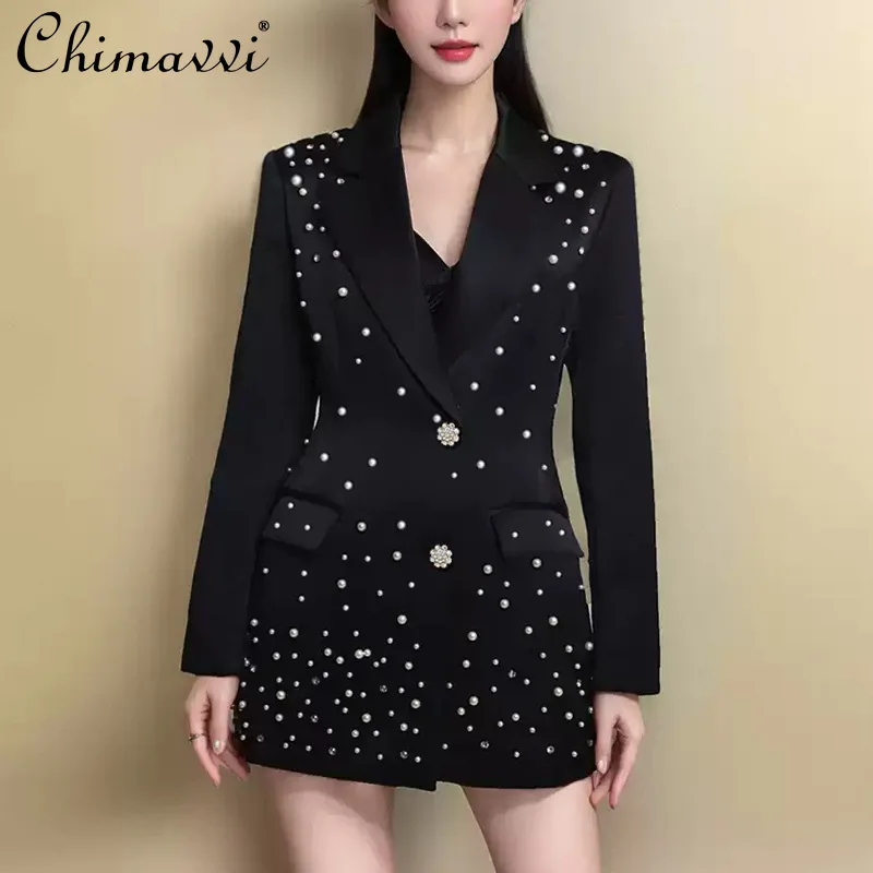 

2026 French Style Women's Luxury Black Pearl Beaded Blazer Rhinestone Button Decor Slim Fit Tailored Formal Party Evening Jacket