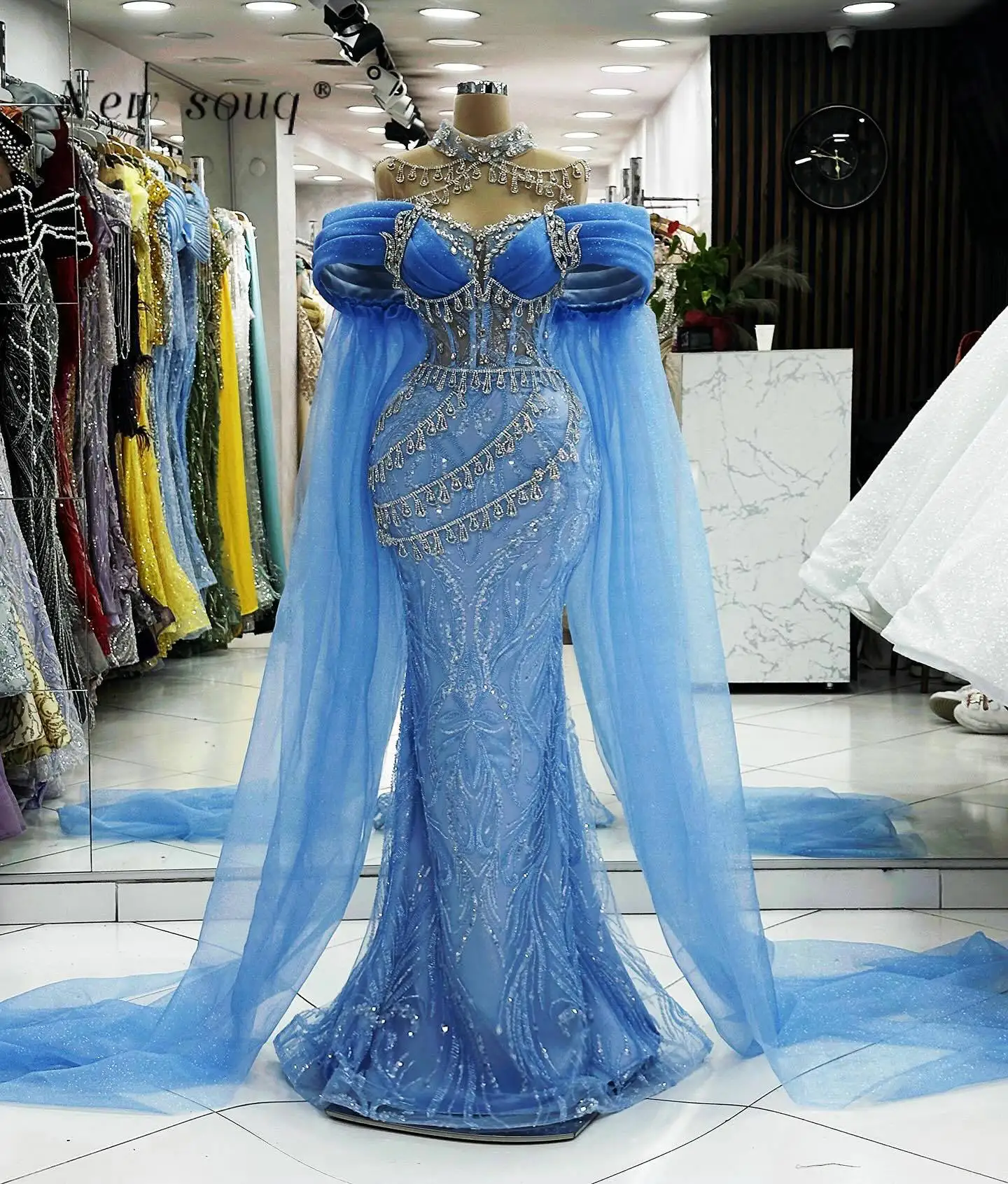 Arabic Blue Off Shoulder Mermaid Long Prom Dresses Formal Crystals Stones High Neck Sequins Wedding Guest Party Wear Gowns