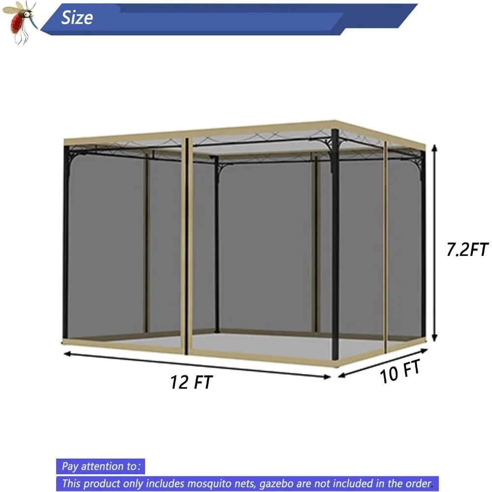 10X12 Tuinhuisje Vervangende Muggengaas, 4 Panelen Zijwandscherm Met Rits Universeel Zwart (10 'X 12')