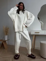 Wolfeel Autumn Winter Women's New Turtleneck Knit Sweater Skinny Knit Pants Set Soft Oversized Ripped Hem Fashion Pullover
