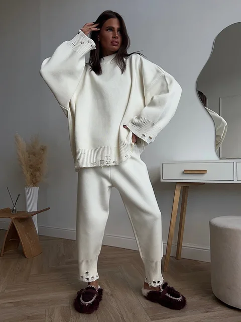 Wolfeel Autumn Winter Women's New Turtleneck Knit Sweater Skinny Knit Pants Set Soft Oversized Ripped Hem Fashion Pullover