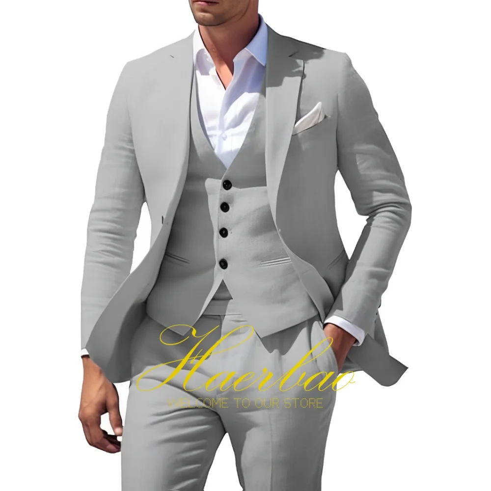 

Formal Linen Men's Suit 3 Piece Set Slim Fit Jacket Vest Pants Business Suit for Men Elegant Wedding Prom Tuxedo