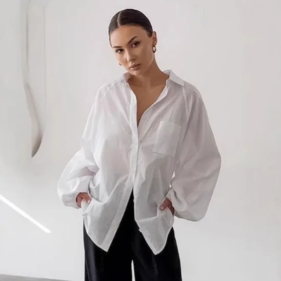 

Loose Lantern Sleeves White Shirt Simple Commuter Workplace With Pure Cotton Women's Shirt Wholesale Women's Clothing