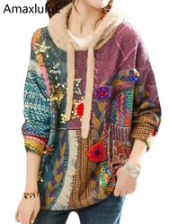 Amax luluE Winter Korean Womens Luxury Hooded Printed Sequins Sweaters Female Fashion Loose Pullover Classic Warm Casual Jumpers