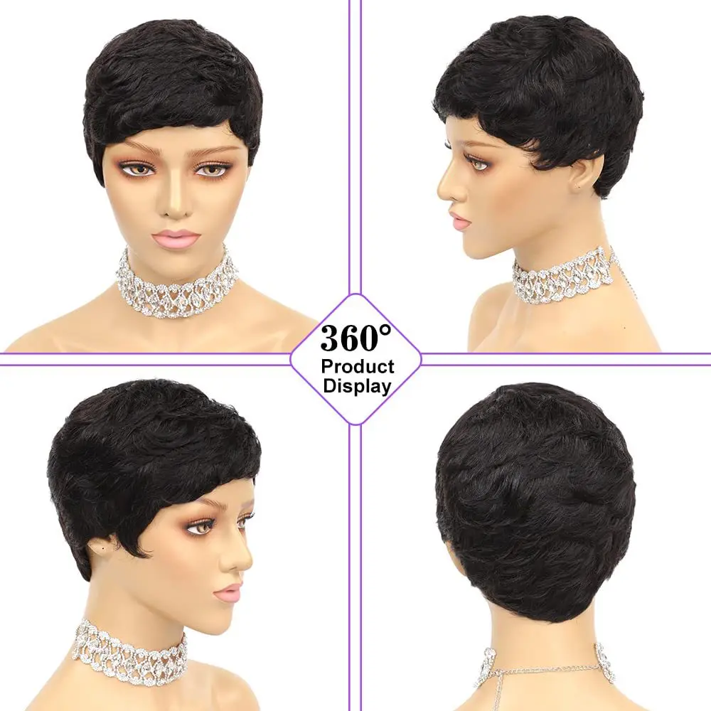 前髪付きショート人毛ウィッグ ピクシーカット ショート ストレート ブラック ウィッグ フルマシンメイドウィッグ