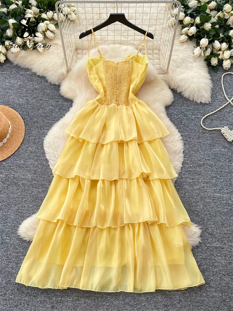 SINGREINY Shiny Chiffon Party Dress French Fairycore Slim A-Line High Waist Zipper Shirred Women Summer Vacation Cake Long Dress - Image 2