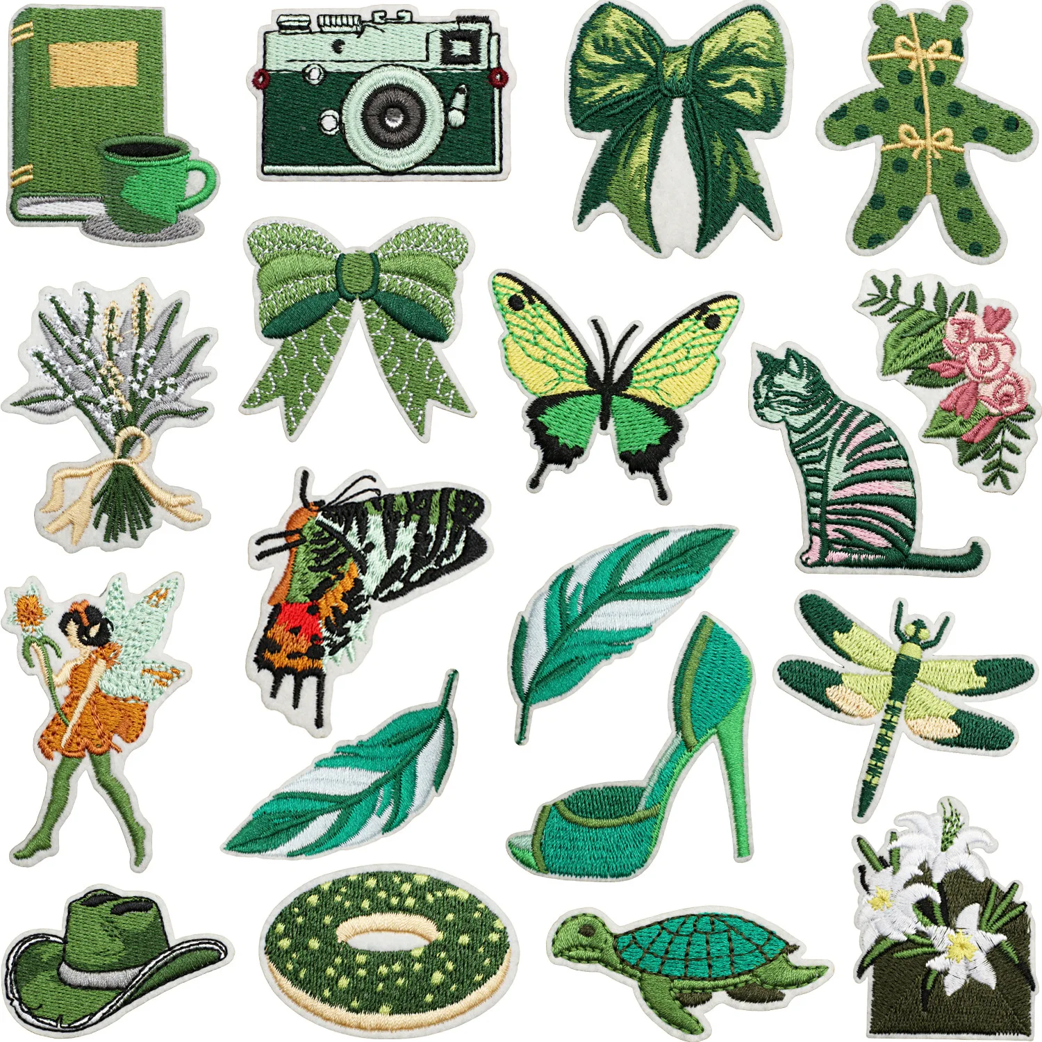 Dark Green Embroidered Cloth Appliques Flower Fairy Heels Camera Feather Book Decorative Iron on Patches for Girls Clothes Bags