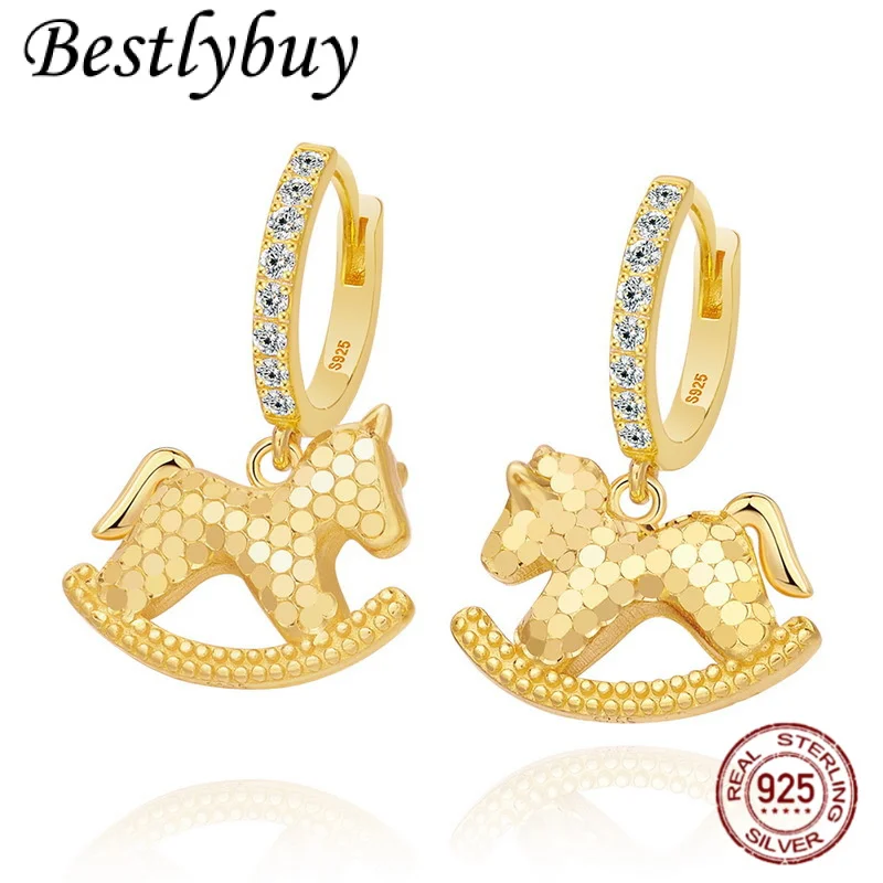 

NEW 925 Sterling Silver Personalized Crushed Ice Wooden Pendant Earrings Women's Fashionable Zircon Sparkling Hoop Earrings