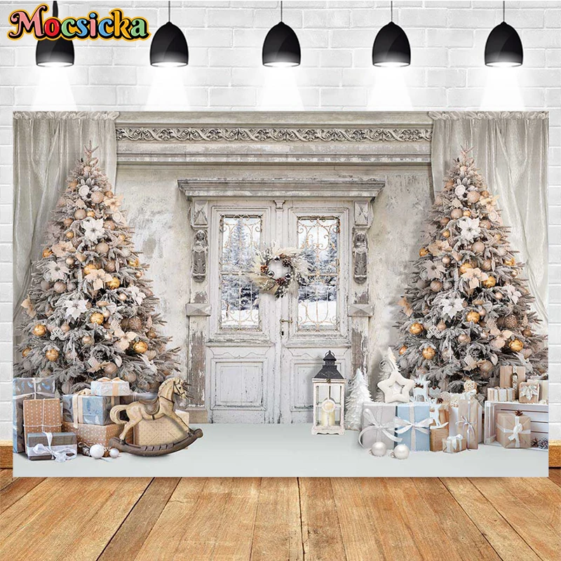 Mocsicka Christmas Photography Background Home Xmas Tree Fireplace White Wall Decor Family Holiday Party Baby Kid Photo Backdrop