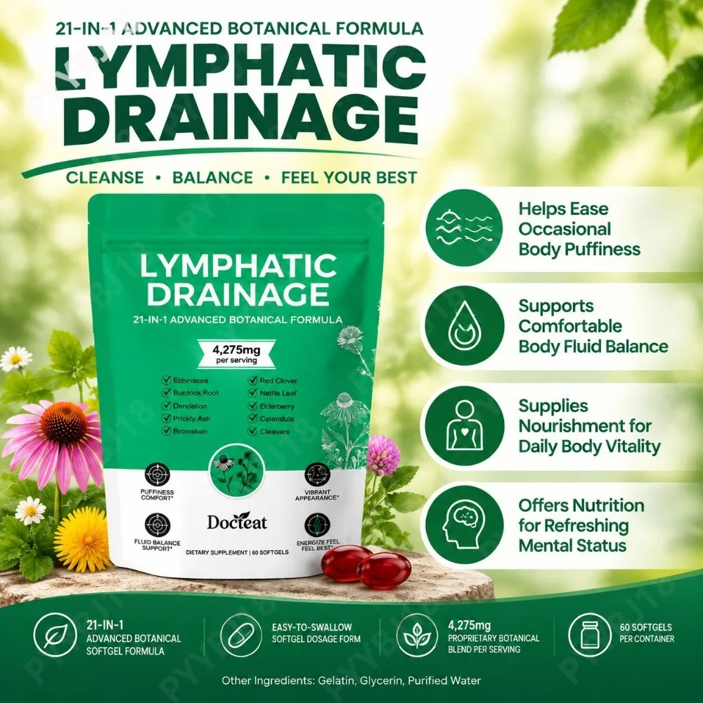 Lymphatic Drainage Softgels for Puffiness Comfort Maintain Body Fluid Balance Enhance Vitality Boost Energy with Echinacea 60Ct