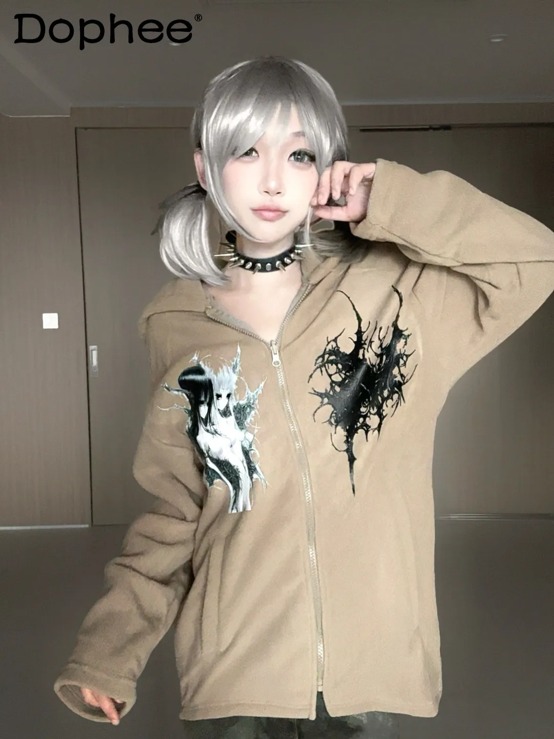 

Japanese Original Y2K Subculture Sweet Cool Girl Jacket Anime Gothic Style Loose Casual Zipper Hooded Sweatshirt